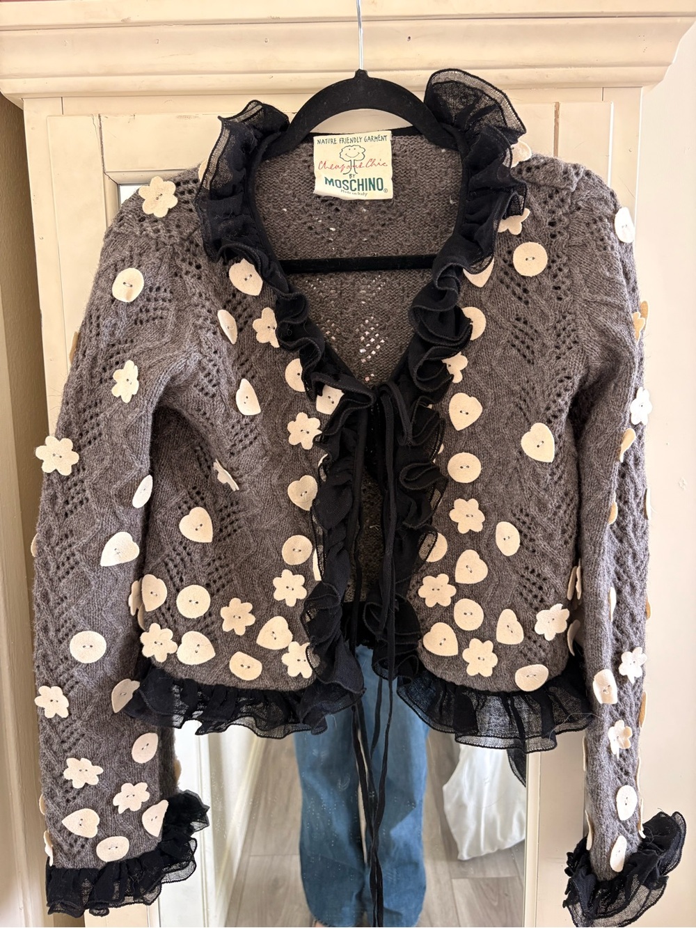Moschino Gray Knit Jacket with Ivory Floral Appliqués